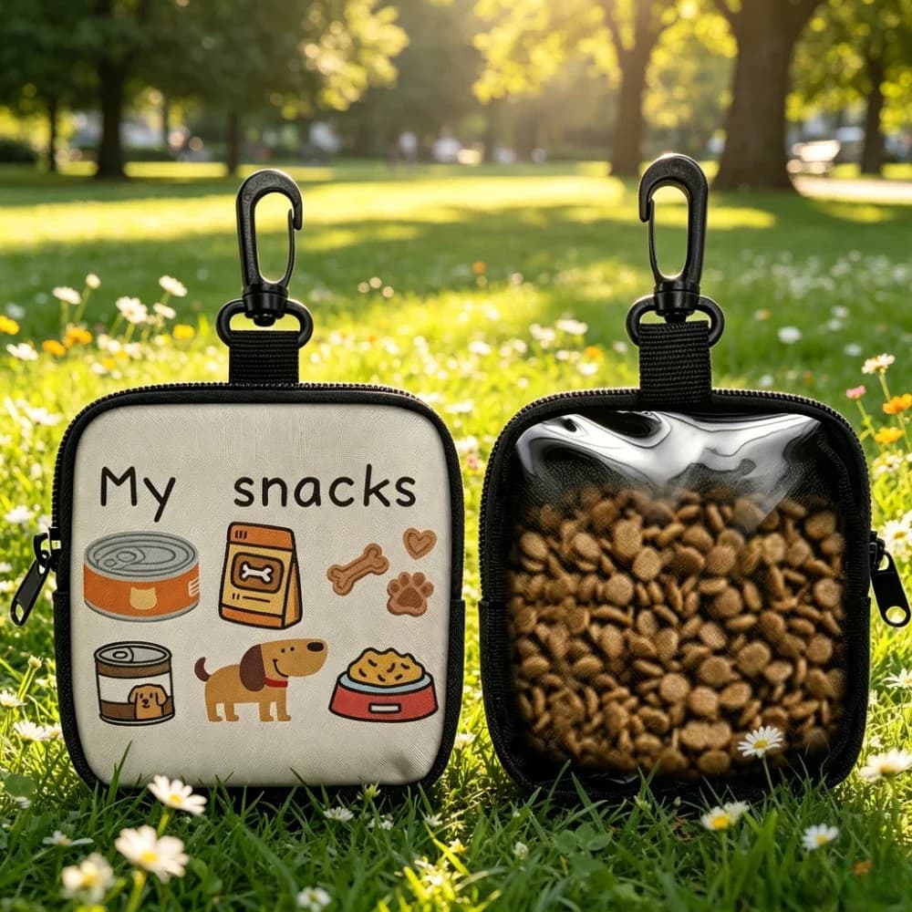Bolsa para petiscos de animais de estimação com estampa de cachorro fofo, com mosquetão, janela transparente e zíper, ideal para transportar petiscos de cachorro em passeios ao ar livre e para armazen