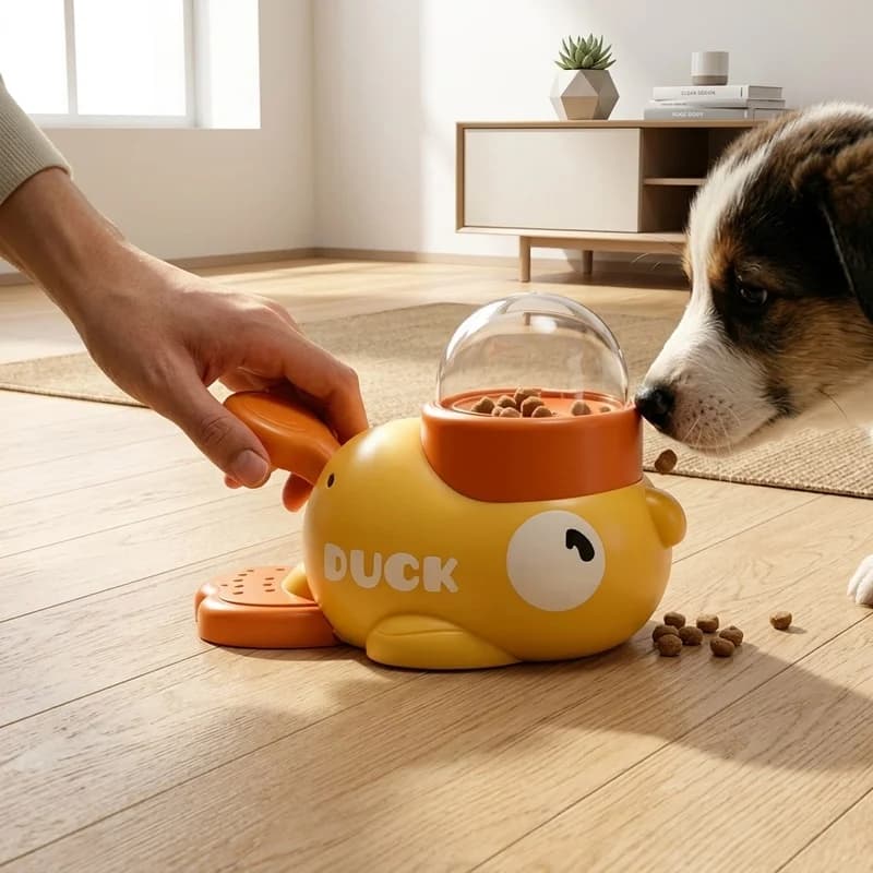 Comedouro para animais de estimação em forma de patinho amarelo, dispensador interativo de petiscos, brinquedo para alimentação lenta com base antiderrapante, para cães, gatos e cachorros.