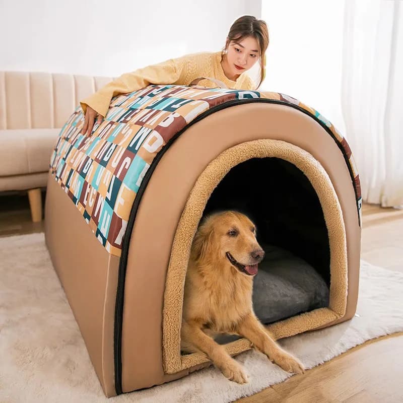 Casinha de Cachorro Grande e Quente para Inverno, Modelo Novo, Fechada, Removível, para Cães Grandes, Uso em Quatro Estações, Cor Dourada