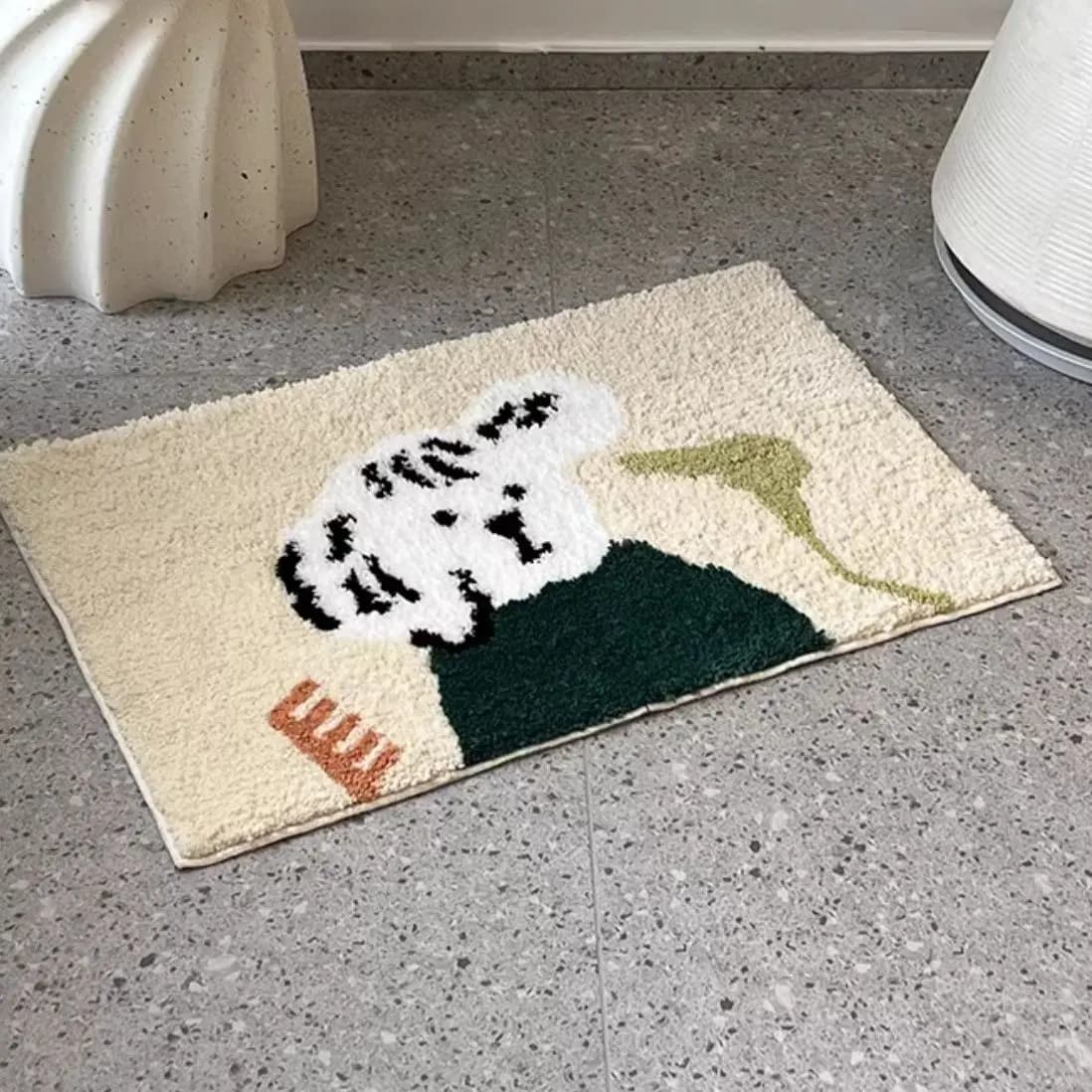 Pequeno leite cão tapete ins vento banheiro antiderrapante tapete dos desenhos animados filhote de cachorro absorvente banheiro imitação cashmere pé almofada crianças
