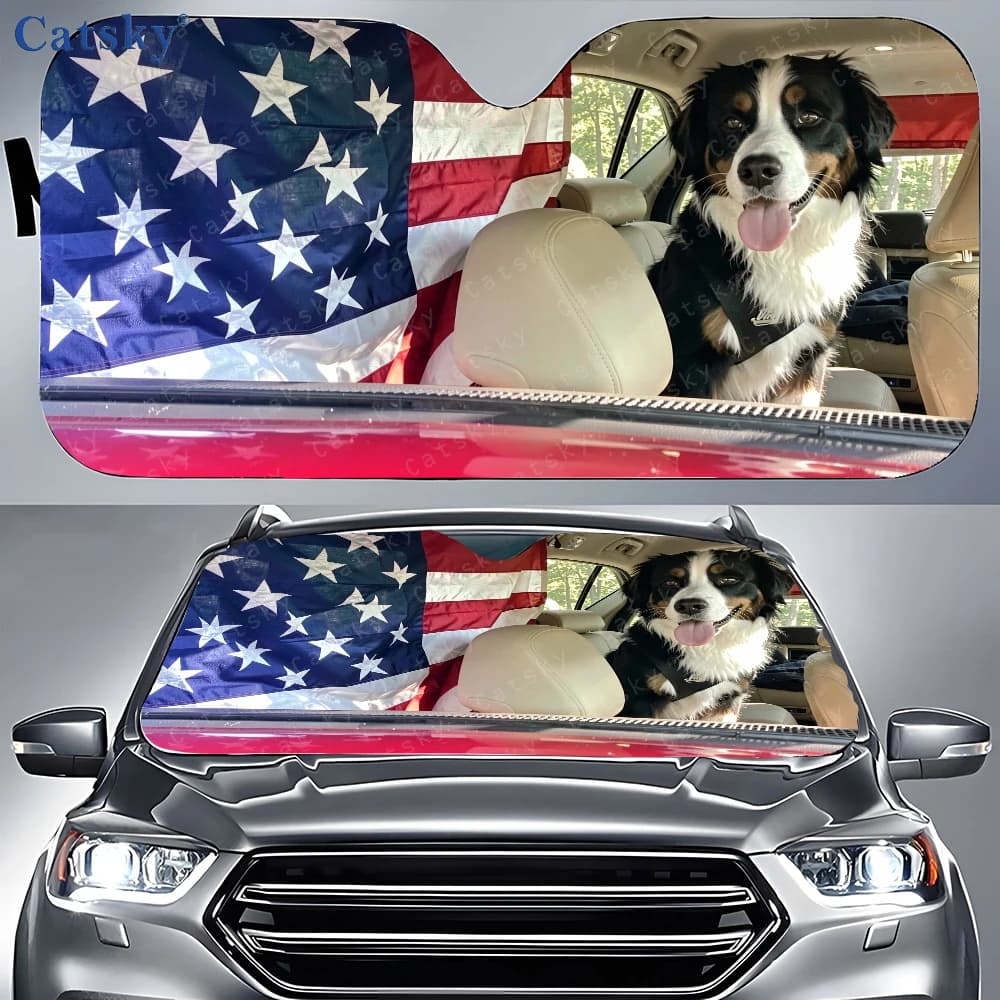 Cachorro Sentado no Banco Traseiro de um Carro com Bandeira Americana, Protetor Solar para Carro, Cobertura Solar para Janela Frontal do Carro
