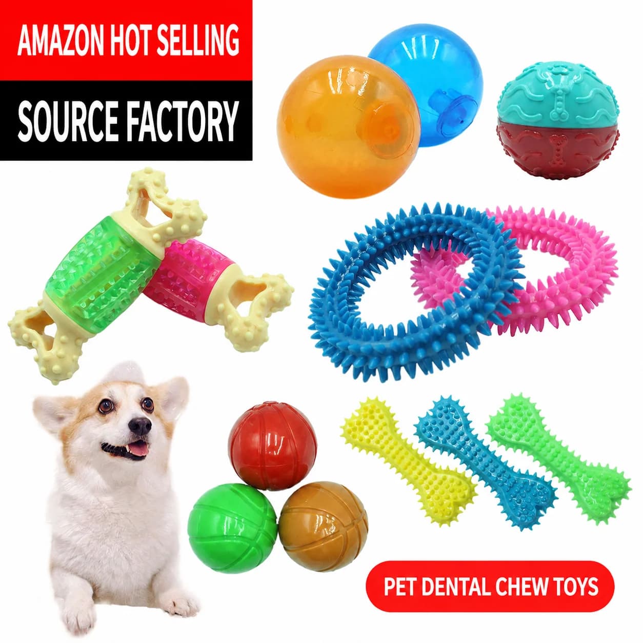 Brinquedos duráveis para cães que mordem com força, bola para limpeza dos dentes de cachorros, frisbee e conjunto de dispensador de petiscos para cães de pequeno e médio porte.