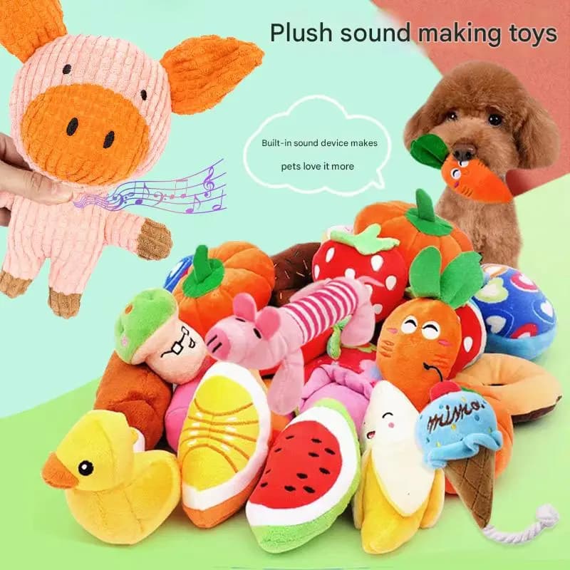 Brinquedo de pelúcia para cachorro, brinquedo de mastigar estridente para filhotes, durável, resistente à mordida, treinamento e limpeza de animais de estimação, formato de frutas e animais fofos