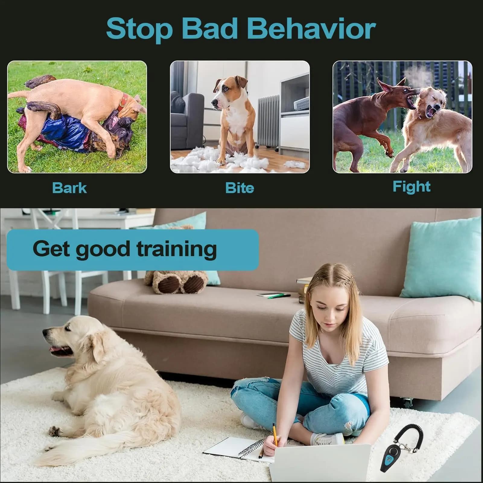Clicker de treinamento para cães 2 em 1, clicker e apito para treinamento de cachorros, ajuda profissional de comportamento silencioso com alça de pulso, apito para cães