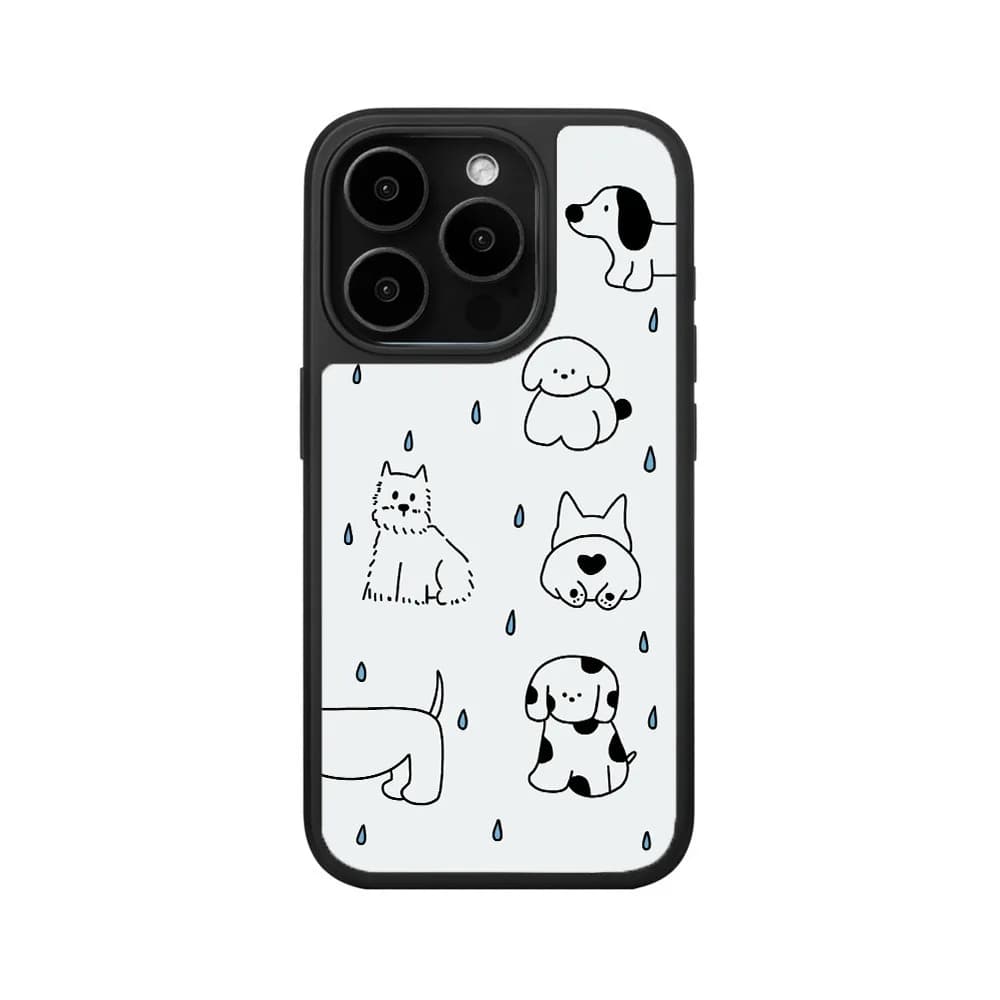 Linha gotas de chuva preenchem a tela ilustração de cachorro pequeno quadro preto borda preta capa de telefone para iphone 16 15 14 13 12 promax
