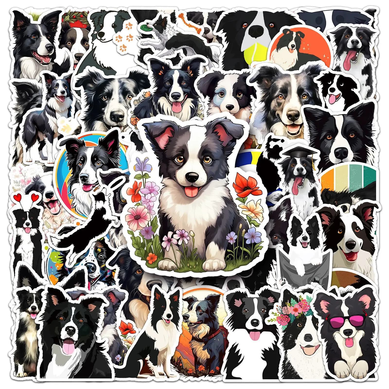 50 peças de adesivos de animais fofos de desenho animado Border Collie para decoração DIY de telefone, bagagem, laptop, guitarra, bicicleta, skate, geladeira, capacete, brinquedo infantil.
