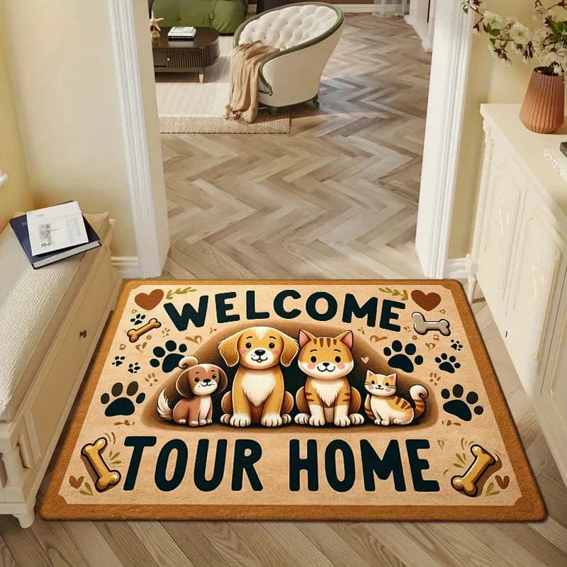 Bem-vindo casa cão impressão tapete de porta, adorável filhote de cachorro gato design antiderrapante poliéster para cozinha sala de estar decoração