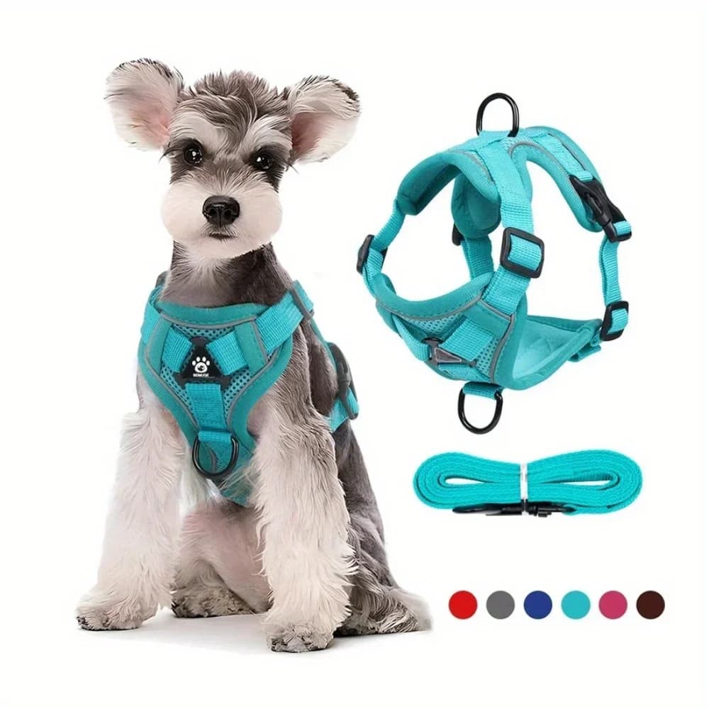 Sem puxar arnês para cães e trela conjunto ajustável arnês para animais de estimação colete para cães pequenos gatos reflexivo cinta peito chumbo andando