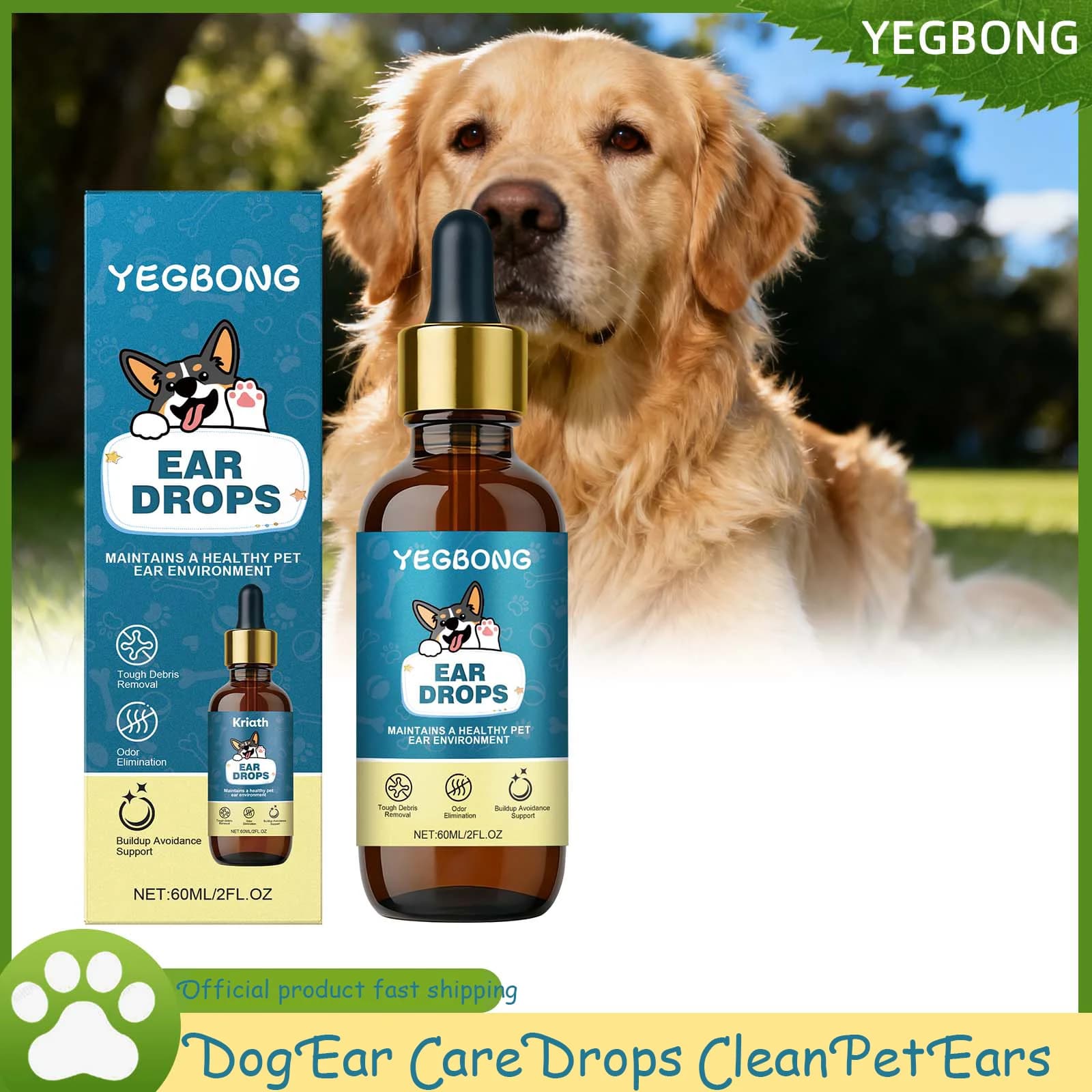 Yegbong 60ml Gotas para cuidados com os ouvidos de cachorro Limpeza suave de orelhas para animais de estimação Ingredientes nutritivos para manutenção saudável dos ouvidos
