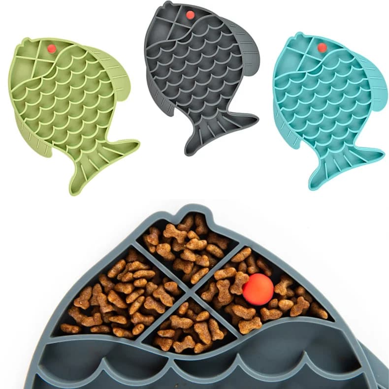 Tigela de silicone em formato de peixe, tapete para lamber cães, alimentação lenta, tigela de comida para cães pequenos e médios, filhote de cachorro, gato, dispensador de alimentação, suprimentos par