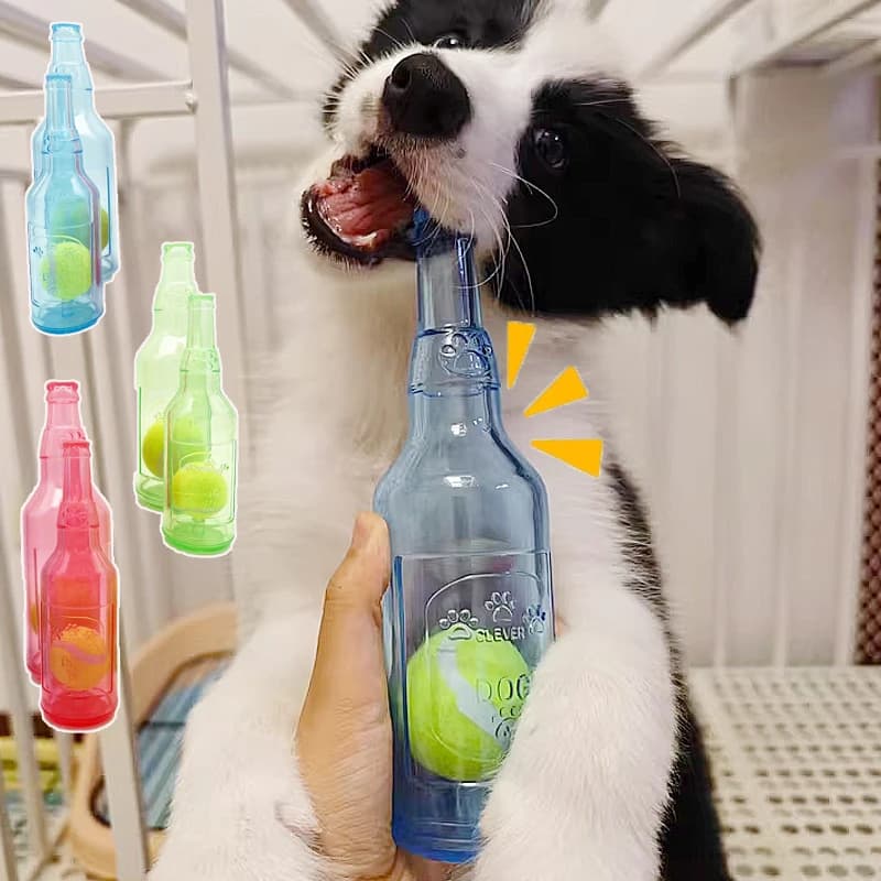 Brinquedo de Mastigar para Animais de Estimação, Garrafa de Cerveja em TPR Resistente a Mordidas com Bola de Tênis, Brinquedo Interativo para Filhotes