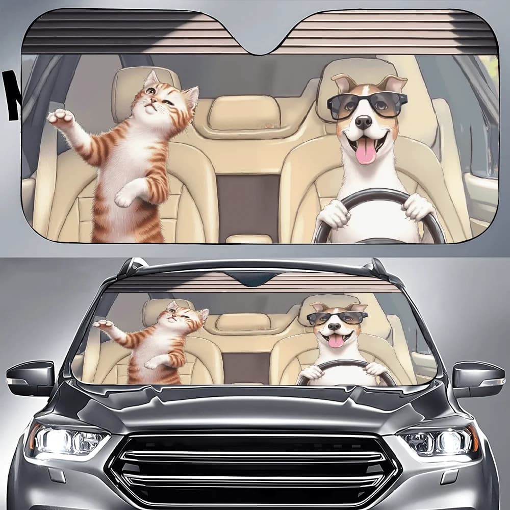 Gato e cachorro sentados no banco traseiro de um carro, protetores solares para carro, capa de sol para janela frontal do carro, protetor solar automotivo F