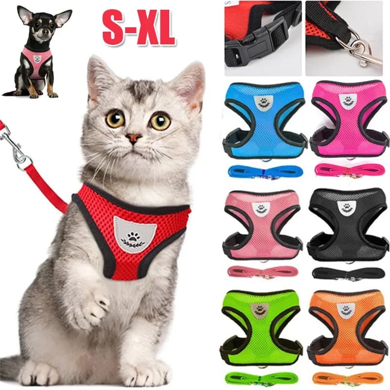 Coleira Peitoral Ajustável para Cães e Gatos com Guia, Colete de Malha de Poliéster Respirável e Refletivo para Cães Pequenos e Acessórios para Gatos