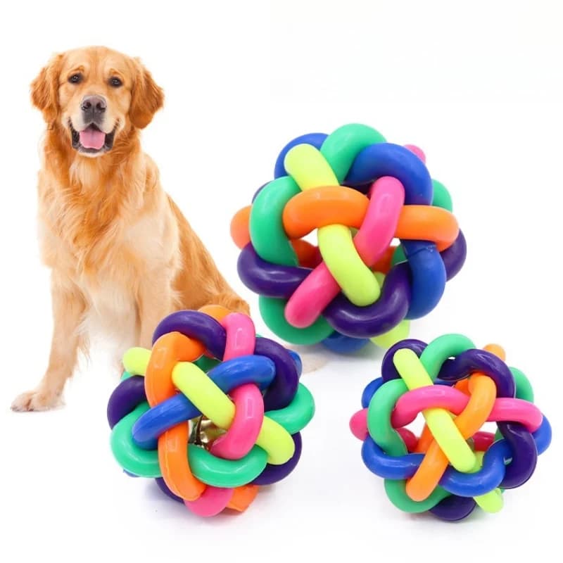 Brinquedos para cães, sino colorido, bola de tecelagem, brinquedos interativos para cães, resistente à mordida, limpeza dos dentes, bola de cachorro, brinquedos de mastigar, acessórios para animais de