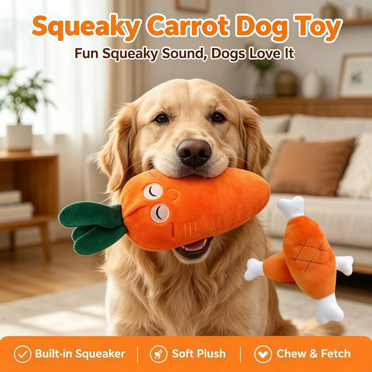 Brinquedo para cães em forma de cenoura com som, brinquedo macio de pelúcia para mastigar, com apito integrado, brinquedo interativo para brincar de buscar, ideal para cães de pequeno e médio porte e 