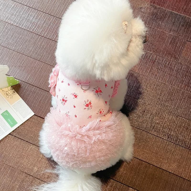 Saia floral em camadas de malha para animais de estimação, vestido tutu para cachorro, saia de pelúcia, saia de dança, roupas para animais de estimação, vestidos para cães pequenos