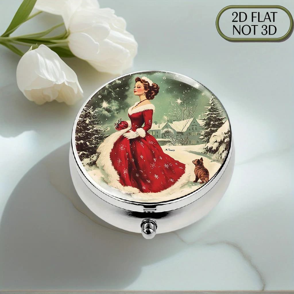 Caixa de comprimidos redonda, plana e portátil, feita de metal, decorada com um design em estilo de pintura a óleo vintage, apresentando uma menina com vestido vermelho natalino e motivos de gato e ca