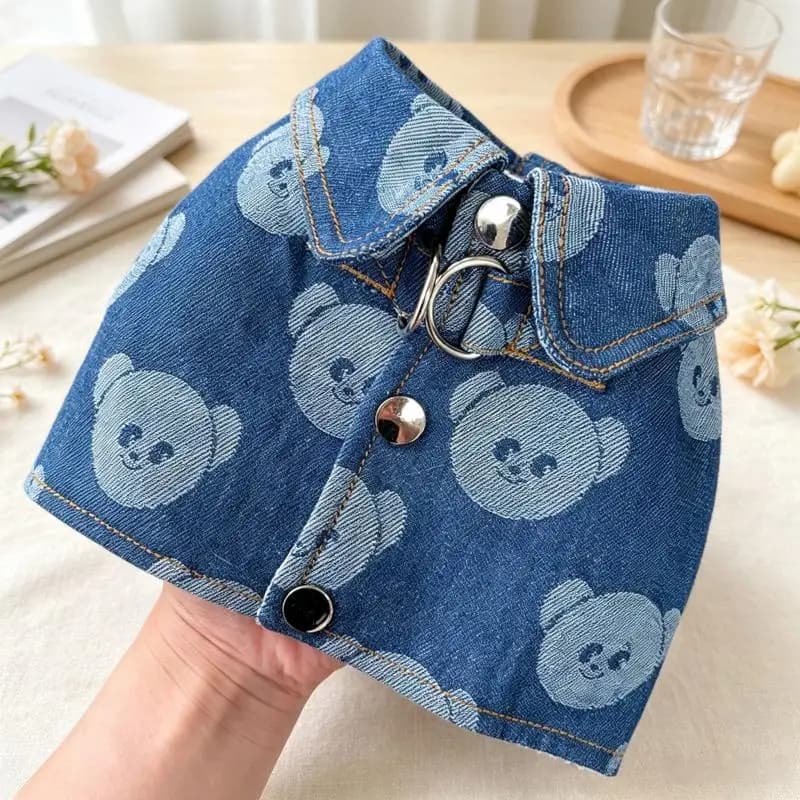 Coleira e Peitoral de Cachorro Macio e Moderno, Conjunto de Colete Jeans para Animais de Estimação com Estampa de Urso, Colete Peitoral Retrô para Gatos e Cães, Acessórios para Passeio de Cães