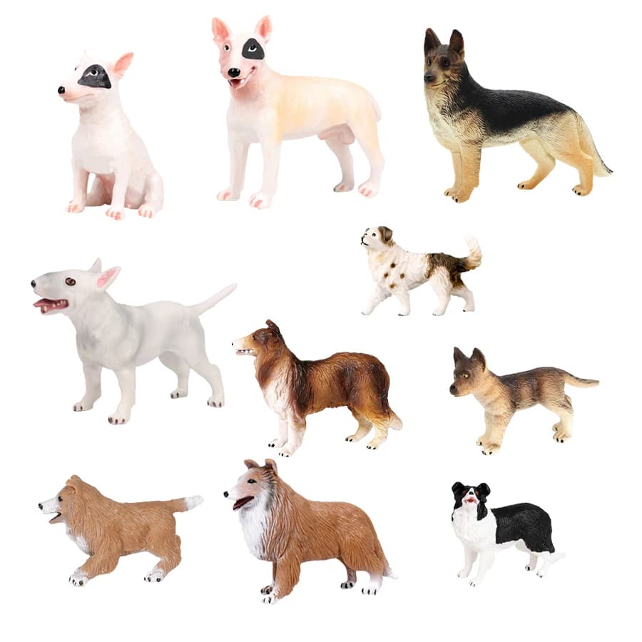 Border collie labrador poodle chihuahua cão estatuetas animais figura de ação brinquedo modelos decoração para casa crianças presentes animais de fazenda de plástico
