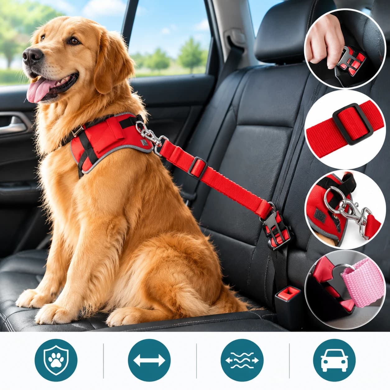 Cinto de Segurança para Cães e Gatos para Carro, Ajustável, Elástico, Anti-Choque, Anti-Puxão, para Viagens