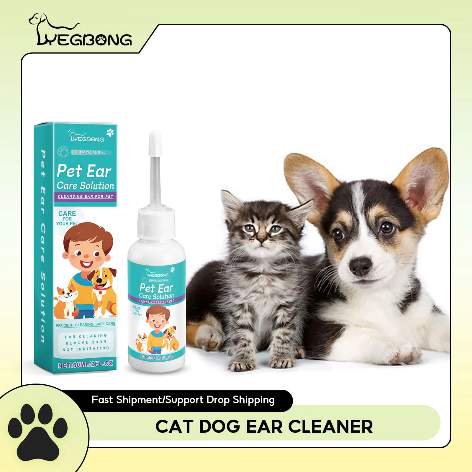 Limpador de ácaros de orelha para animais de estimação, desodorização, remoção de ácaros, limpeza de cera de ouvido, alivia coceira, limpeza suave, limpador de ouvido de cachorro, gota