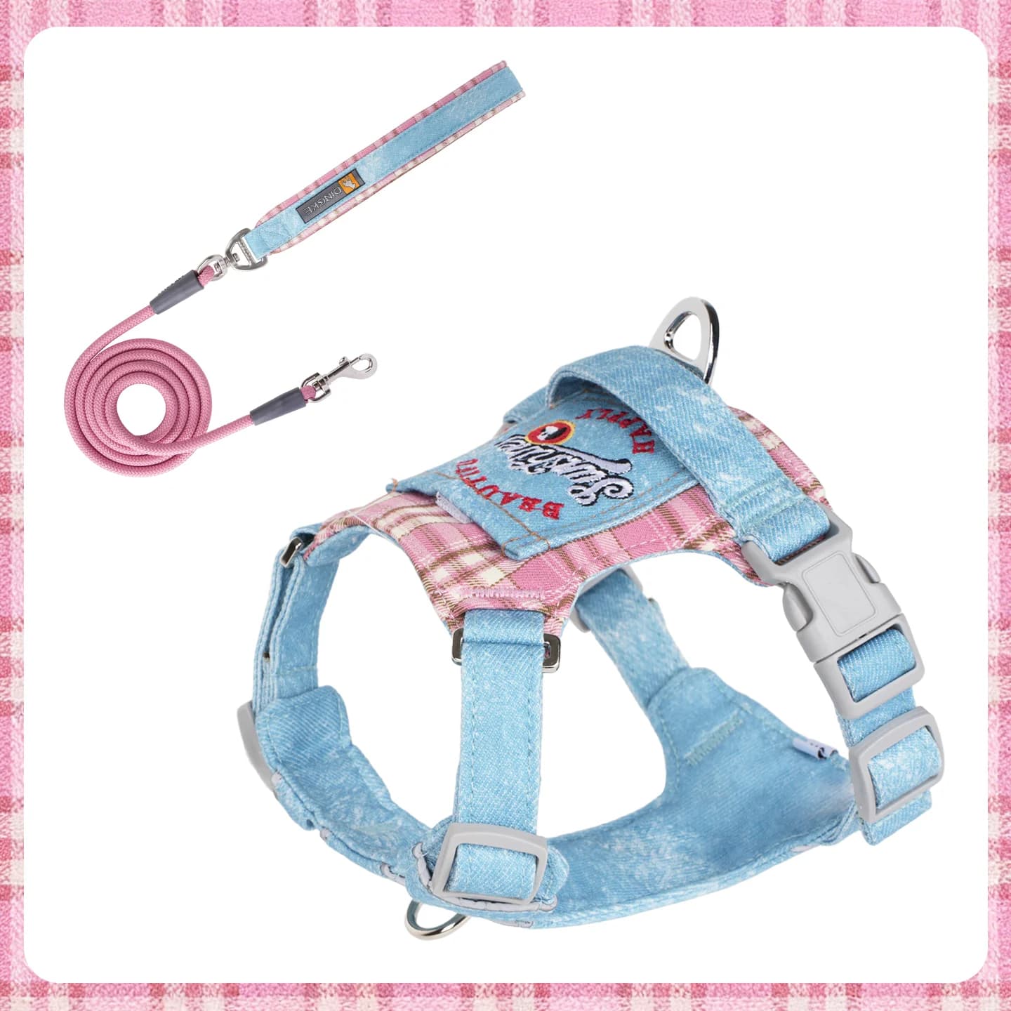 Coleira para Animais de Estimação em Jeans Bordado e Xadrez Rosa com Bolso Multifuncional, Anti-Puxão e Ajustável para Cães Pequenos/Médios