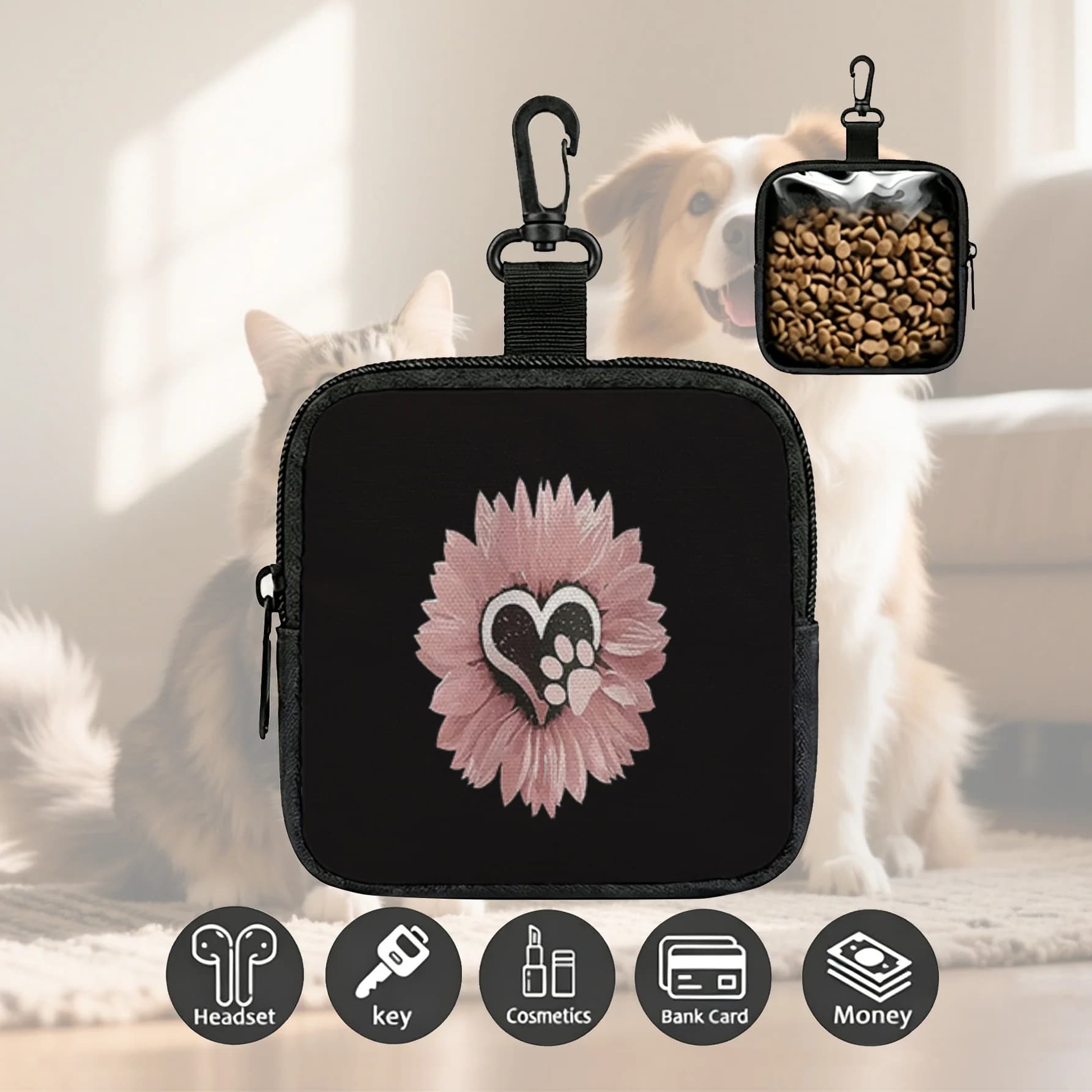 Bolsa para Petiscos de Cachorro com Estampa de Pata de Girassol Rosa, Bolsa Portátil para Treinamento de Animais de Estimação para Passeios