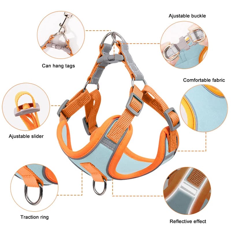 Coleira e Arnês para Cães Sem Puxões, Conjunto Ajustável para Cães Pequenos e Gatos, Colete Peitoral Refletivo para Passeio