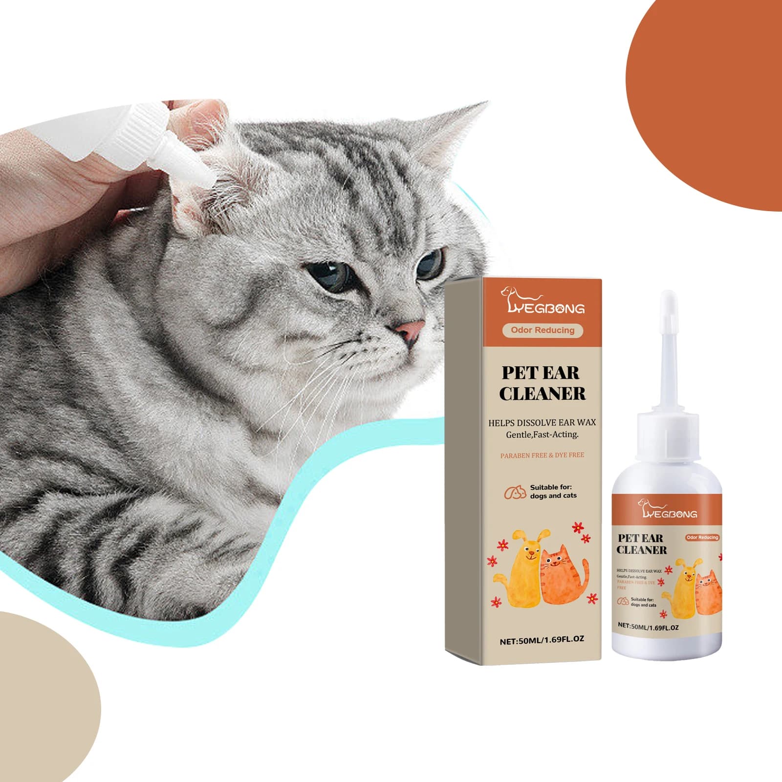 Yegbong limpador de ouvido para animais de estimação, limpador de ácaros de orelha de gato, remoção de orelhas de gato e cachorro, desodorante de manchas, produtos de limpeza não irritantes para anima