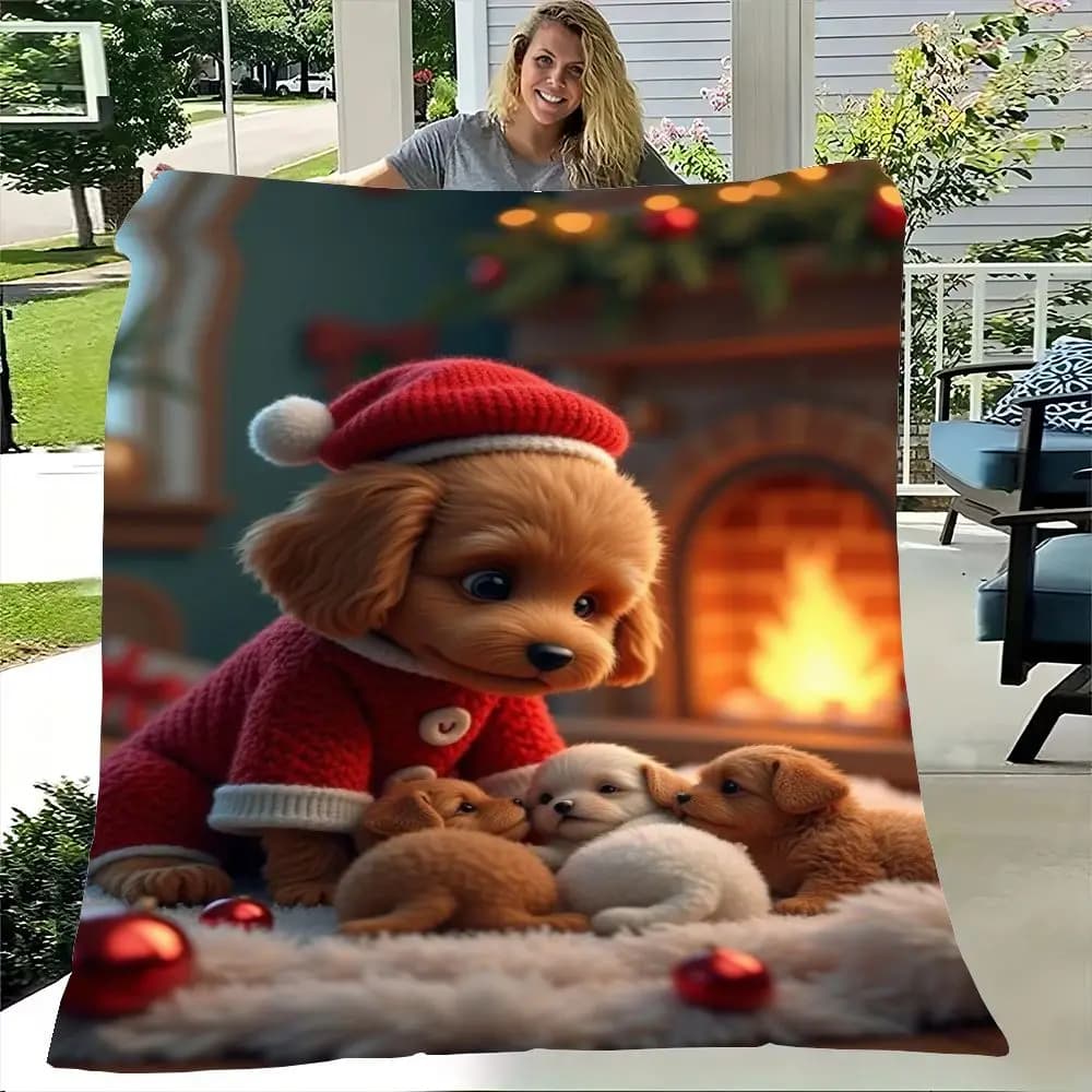 Filhote de cachorro marrom fofo em suéter de malha vermelha com chapéu de Papai Noel em tapete de pele branca macia  Adorável cena de férias com filhotes aconchegantes e Co