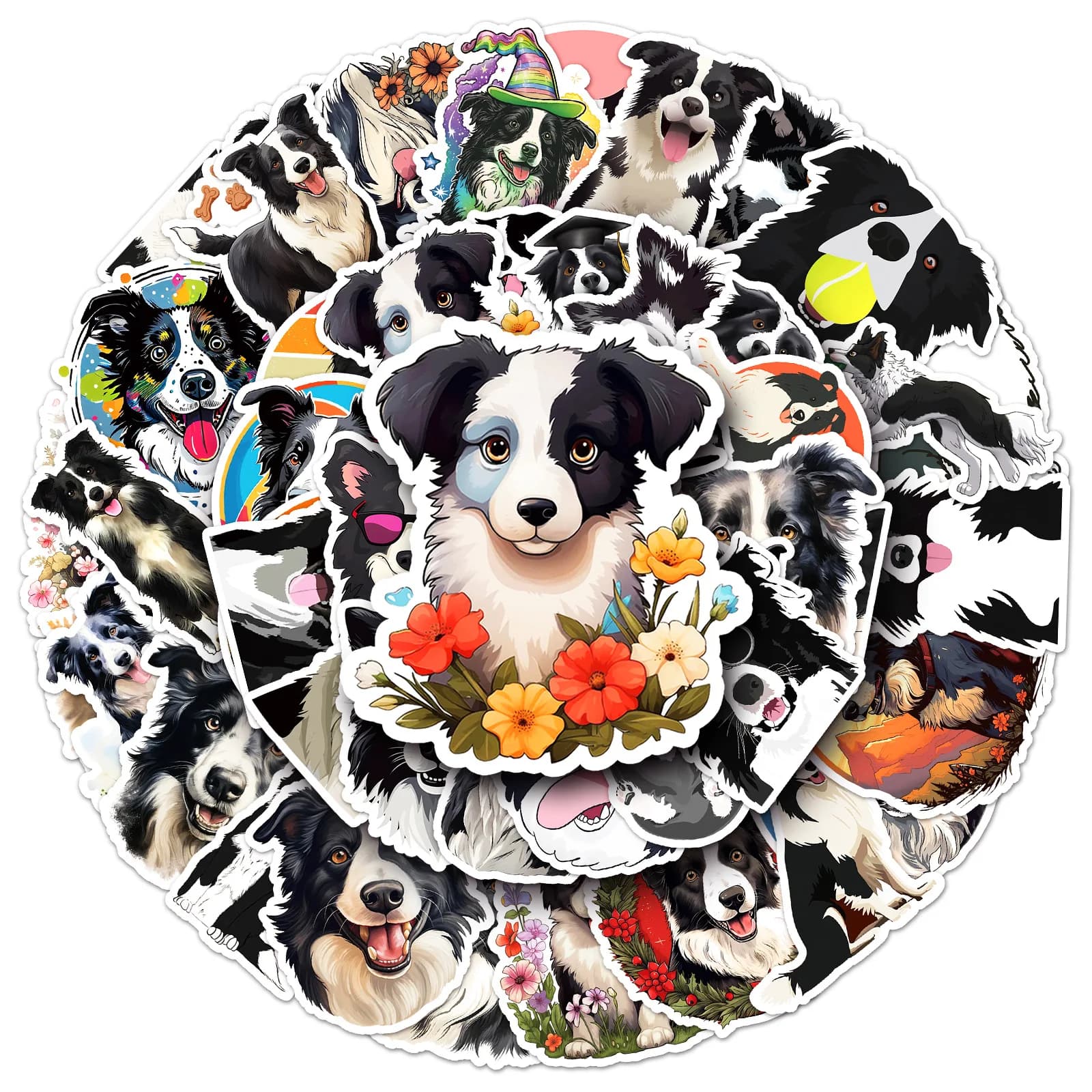 50PCS Adesivos de Graffiti Border Collie, Adesivos de Cachorro Fofo para Decoração DIY, Adesivos Impermeáveis para Laptop, Telefone, Bagagem, Bicicleta, Brinquedos para Crianças
