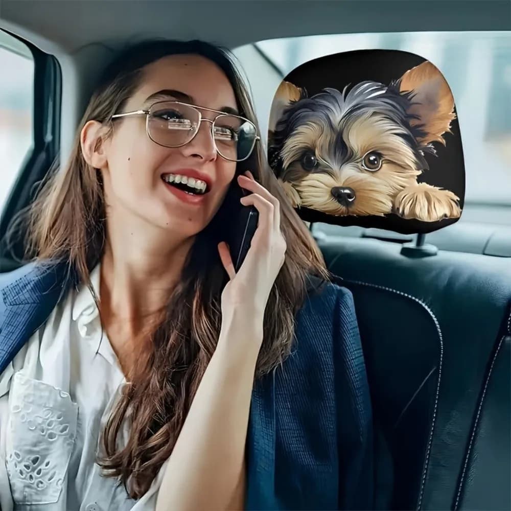 2 Peças de Capa de Encosto de Cabeça para Carro com Padrão de Cachorro de Desenho Animado, Lavável, Macia, Protetora de Encosto de Cabeça de Poliéster Elástico para Banco de Carro