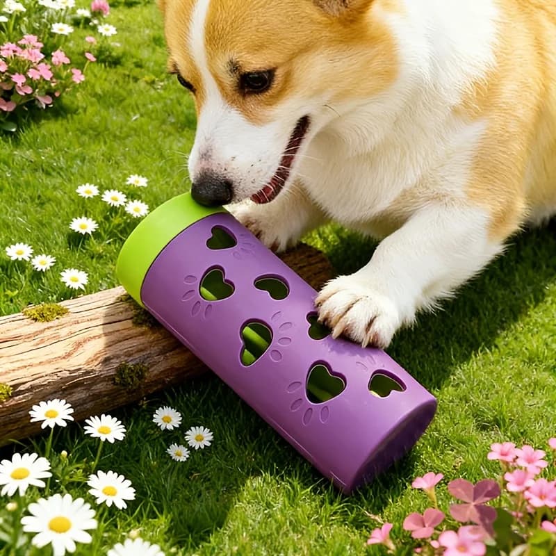 Brinquedo para Pets Resistente a Mordidas com Dispensador de Ração, Padrão de Pata de Cachorro, para Roer e Limpeza dos Dentes, Rolo de Petiscos, Brinquedo de Quebra-Cabeça de Plástico para Filhotes, 