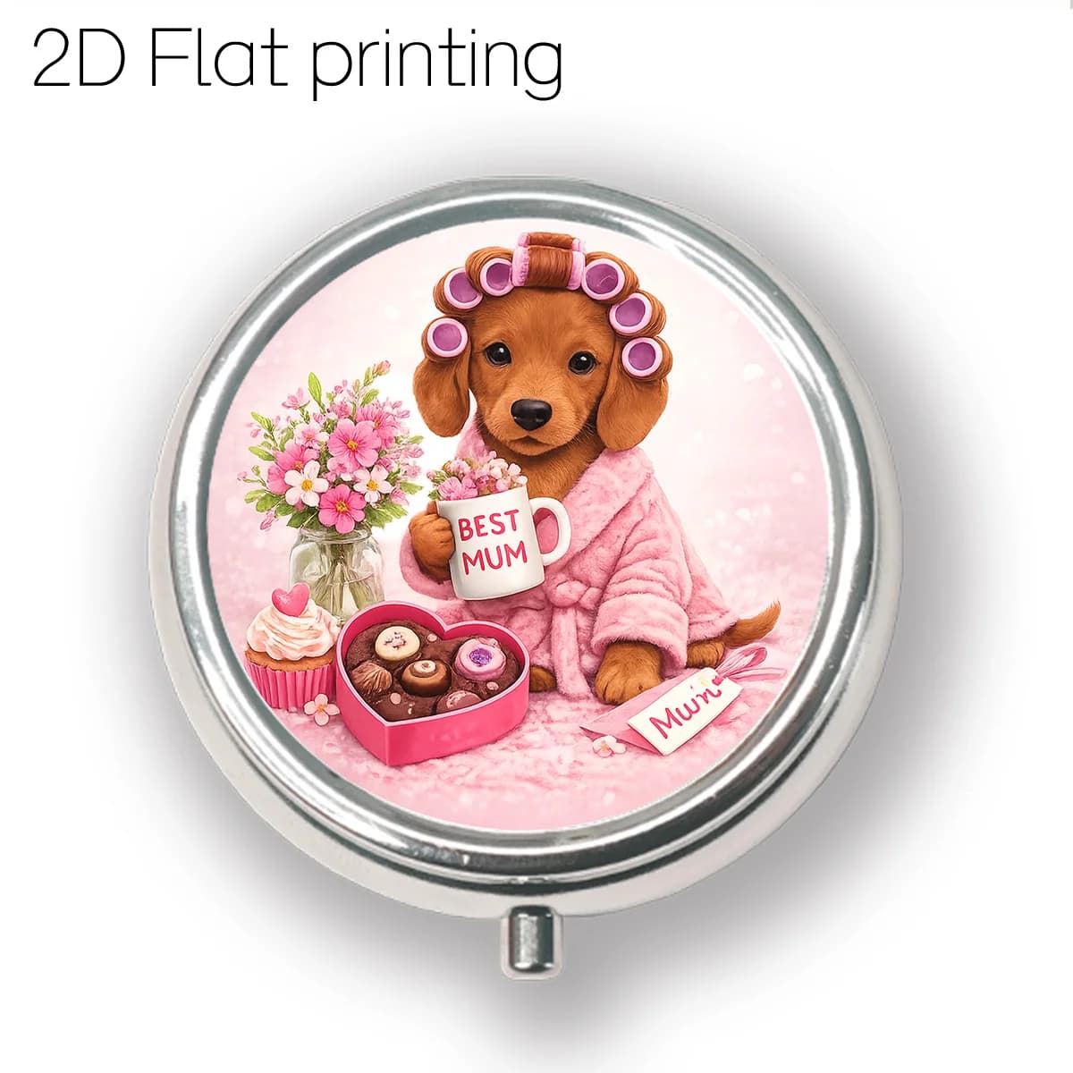 Roupão rosa com estampa de cachorro castanho de cabelos cacheados e flores, caixa de comprimidos portátil para viagens diárias, estojo pequeno à prova de umidade para comprimidos, caixa de armazenamen
