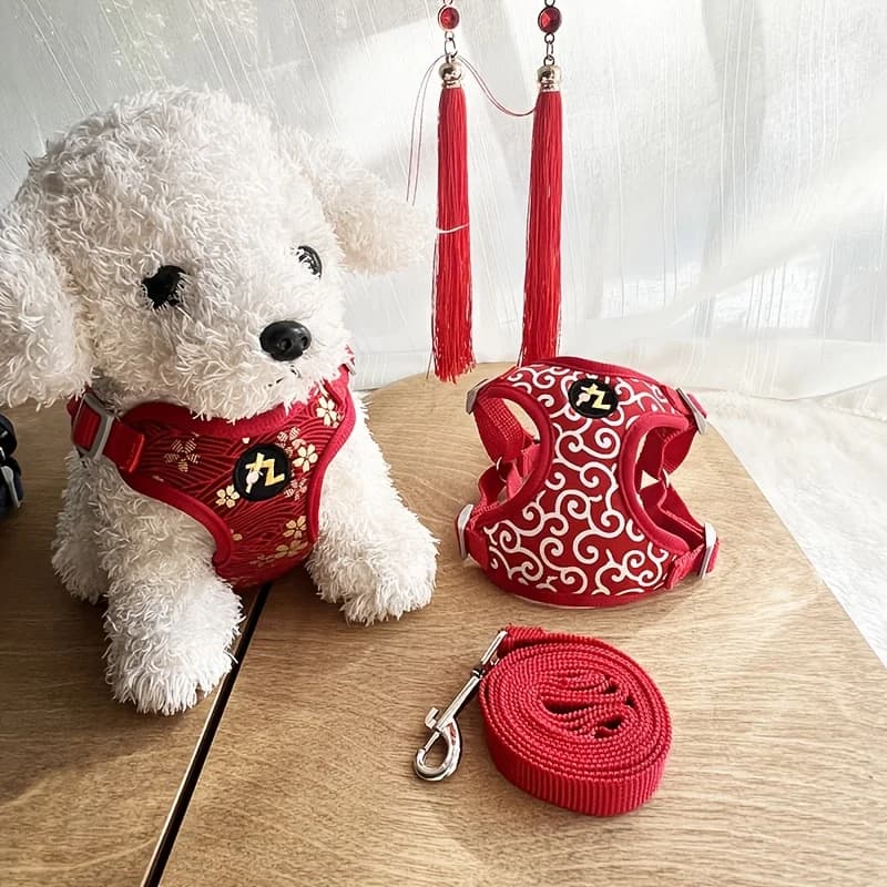 Coleira Peitoral Ajustável Anti-Puxão para Cães de Pequeno e Médio Porte - Padrões de Cores Tradicionais Chineses Tang, Desenhos Florais, Design Respirável e Confortável Estilo Colete, Ideal para Pass