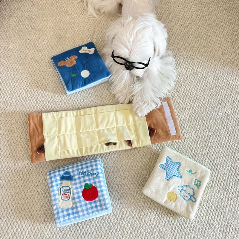 Brinquedo de Enriquecimento para Pets Livro de Tecido com Som de Chocalho e Guizo para Mastigar, Esconder Petiscos e Roer - Ideal para Cães e Gatos (Cachorros e Gatinhos) - Uso Diário