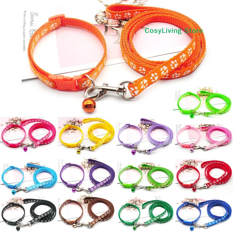 CLColeira e Guia Ajustáveis para Cães com Estampa de Patas, Conjunto de Coleira e Guia para Cachorros, Guia Respirável para Passeio de Animais de EstimaçãoCL