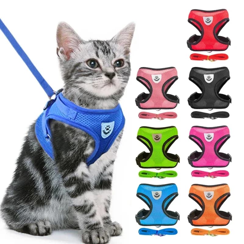 PetHarnessLeash Set - Coleira para caminhada ao ar livre para cães e gatos, corda de reboque anti-tração, tiras refletivas no peito, ajustável para animais de estimação pequenos e médios