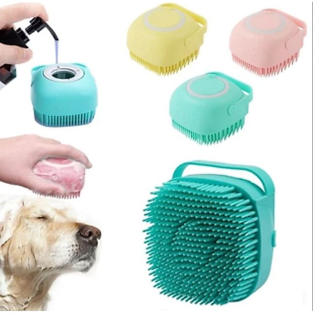 Escova Massageadora com Dispenser de Shampoo  Banho Fácil e Relaxante para Cachorros e Gatos