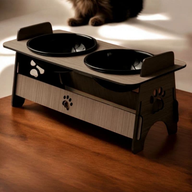 Comedouro Elevado em MDF para Cachorro e Gato  Design com Patinhas