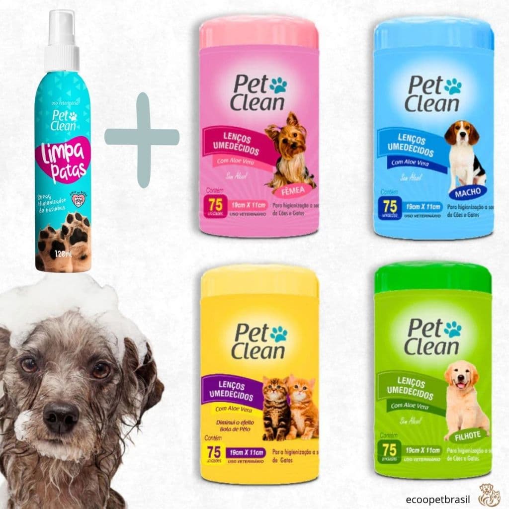 KIT Limpa Patas 120g  Lenço Umedecidos 75 unidades, Limpeza para Cachorro Cães e Gatos Pet Clean