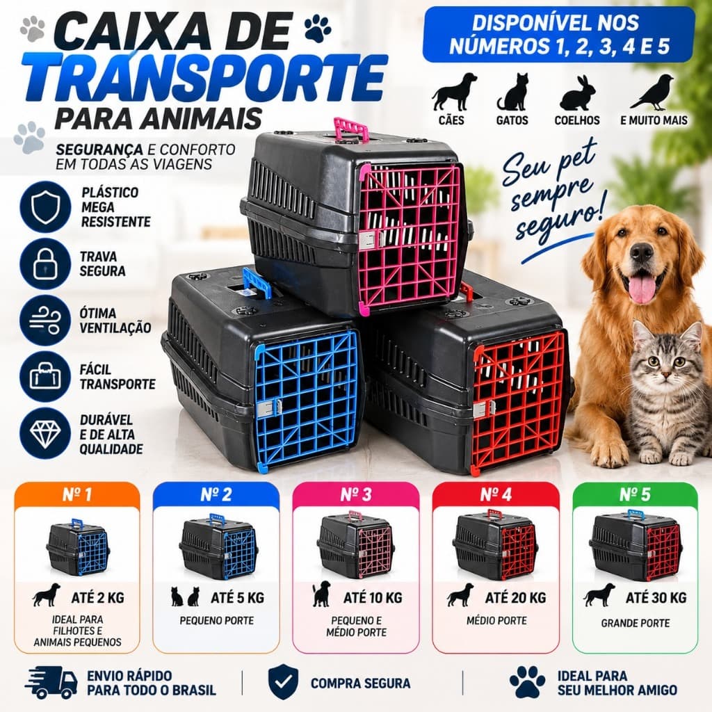 Caixa de Transporte Pet Para Caes Cachorro e Gato Pequeno Médio e Grande Reforçada
