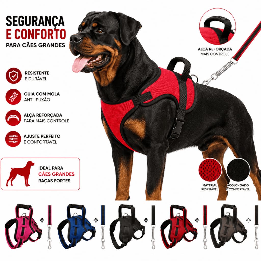 Peitoral para Cachorro Médio e Grande Porte com Guia Antipuxão  Pitbull, Doberman, Pastor e Rottweiler