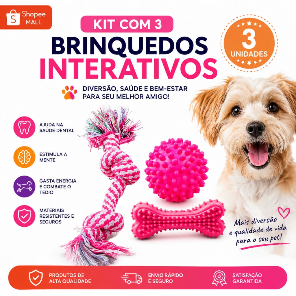 Brinquedos para Cachorro Kit 3 ITENS Completo  Corda de Algodão Resistente  Bola  Mordedor Texturizado  Cães Peq