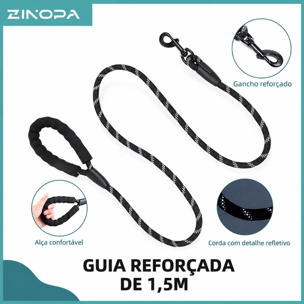Guia de Passeio Reforçado Refletivo para Cães Cachorros 150 cm