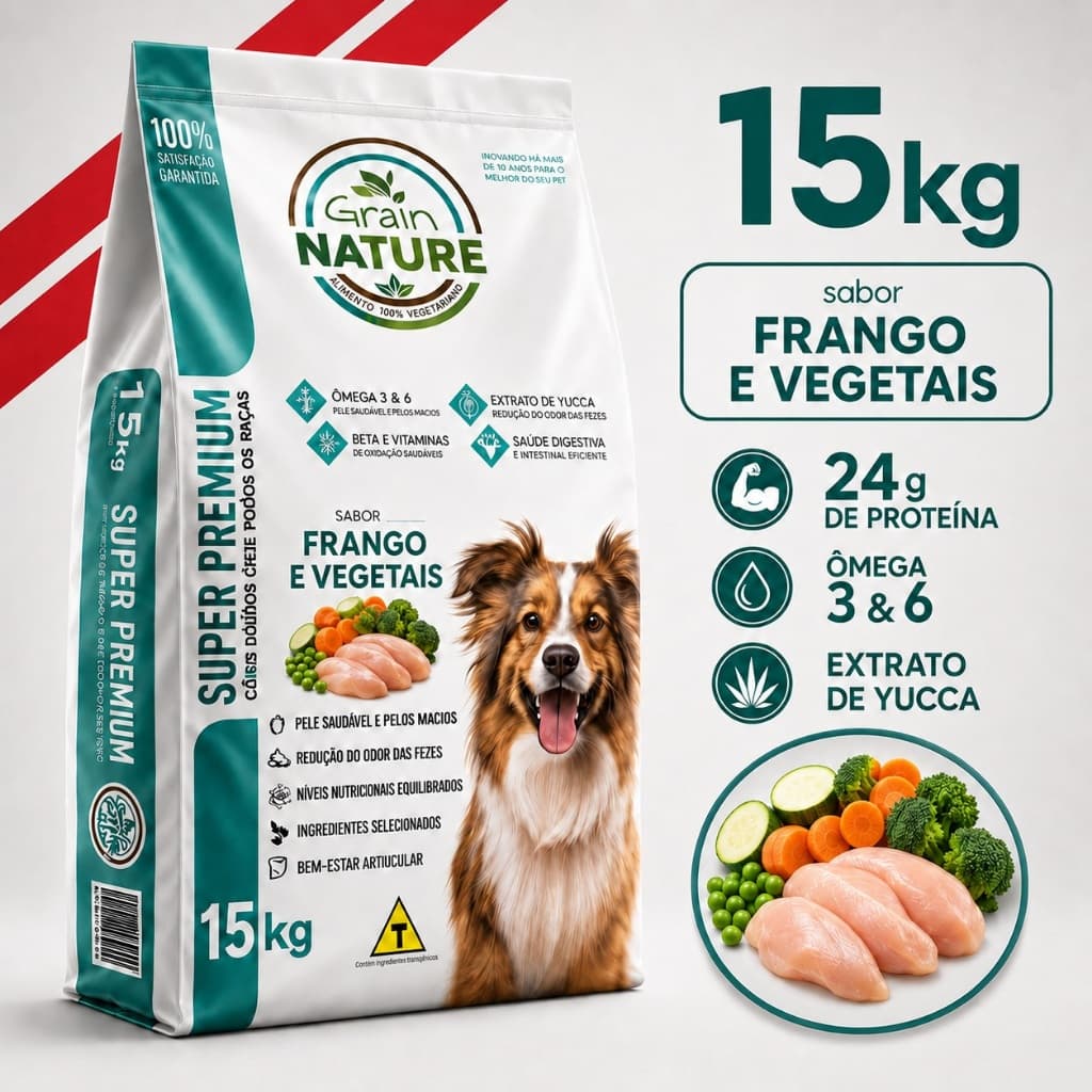Ração Premium Grain Nature 15kg  Com Ômega 3 e 6 e Extrato de Yucca