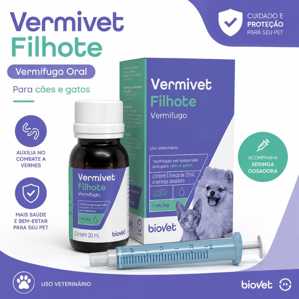 Vermivet Filhote Vermífugo para Cães e Gatos Filhotes Frasco 20ml com Seringa Dosadora - Biovet