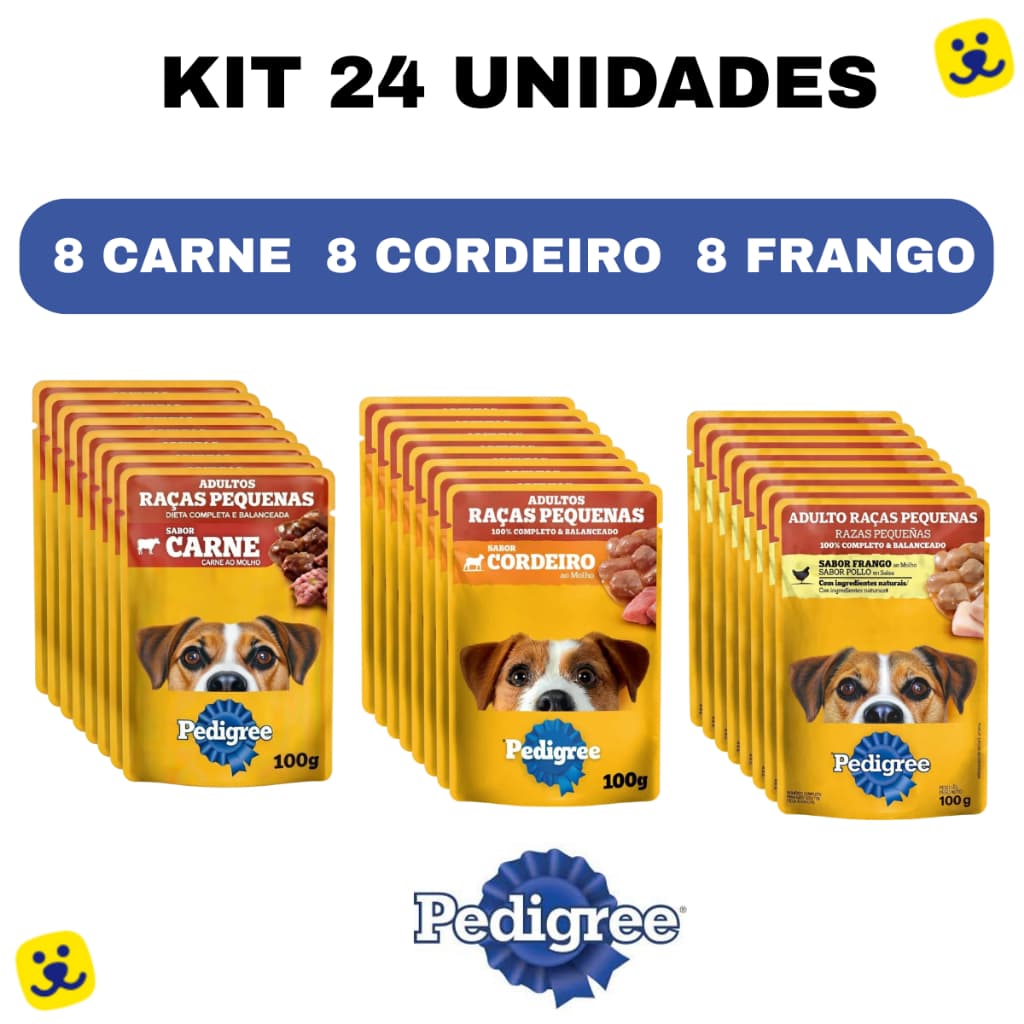 Kit 24 Sachê Pedigree 100g Cachorro Adulto Raças Pequenas Ração Úmida 8Carne  8Frango 8Cordeiro