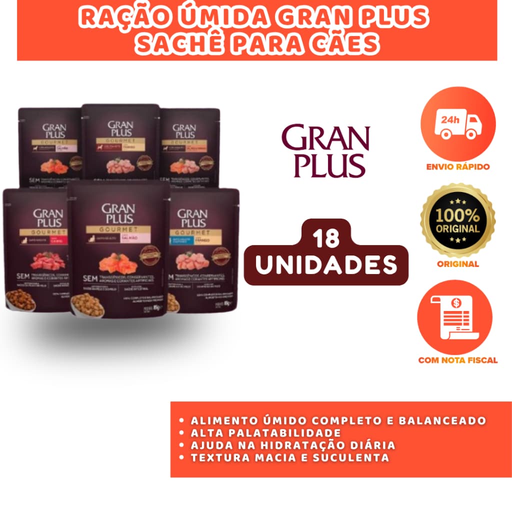 GRAN PLUS SACHÊ PARA CÃES CAIXA COM 18 UNIDADES DE 100G NUTRIÇÃO COMPLETA DIÁRIA