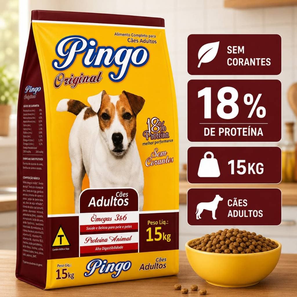 Ração Pingo Original Cães Adultos 15kg Sem Corantes 18 Proteína